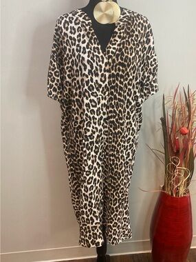 Leopard Print V-Neck Midi Dress - Beige Black Brown
